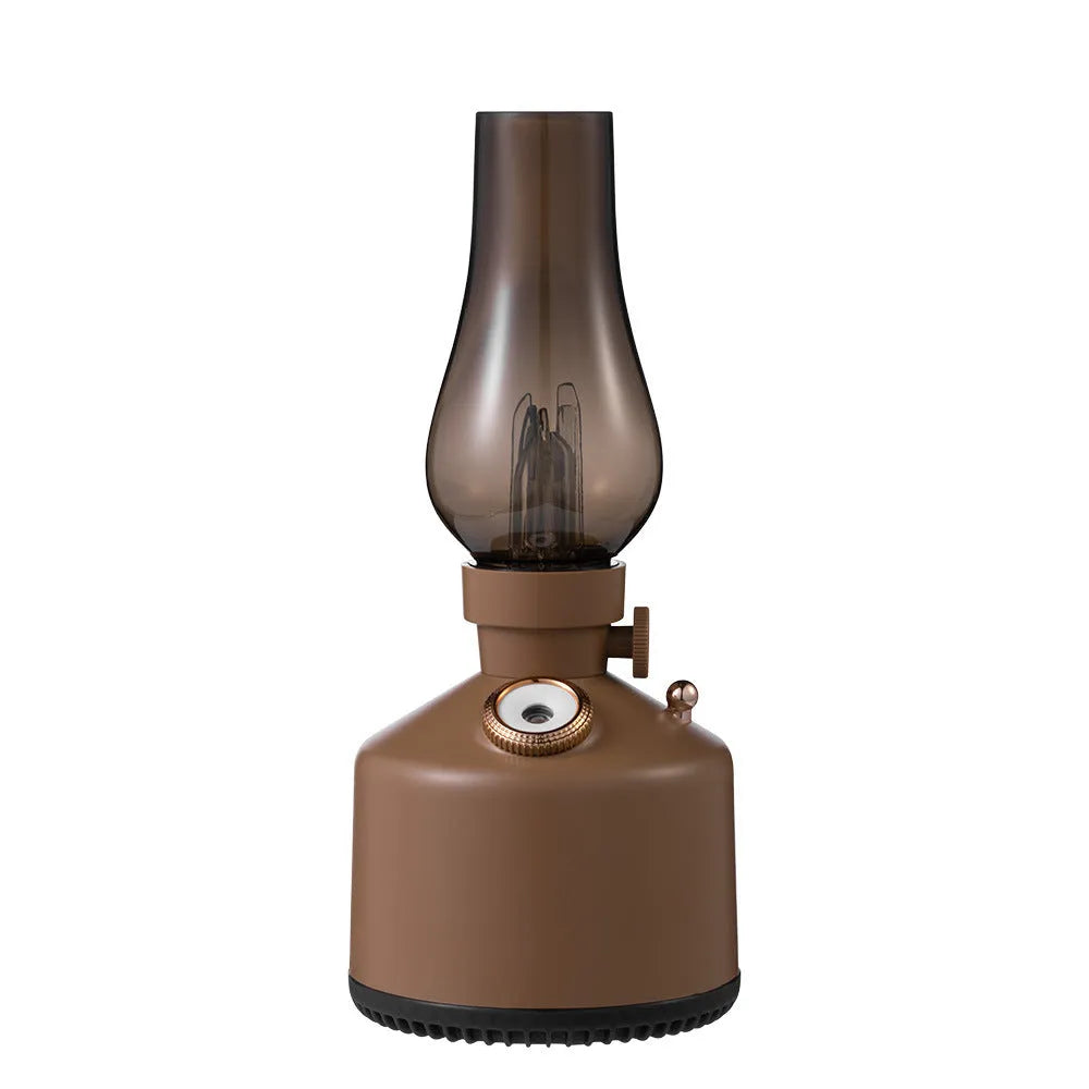 Kerosene lamp ultrasonic humidifier with grey ABS shell on a wooden desk showing single fog outlet