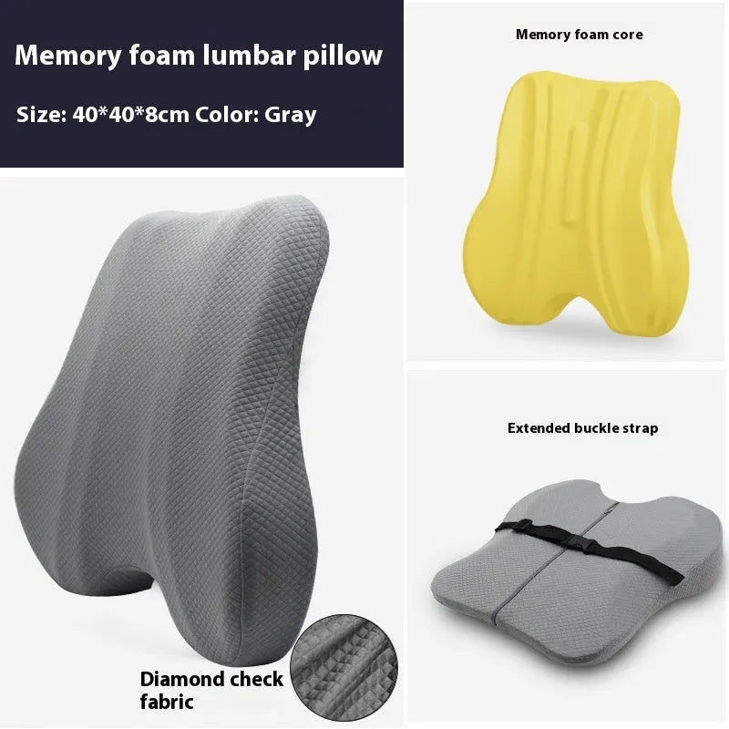 Grey lumbar support cushion for office chair measuring 40cm by 40cm by 8cm thick.
