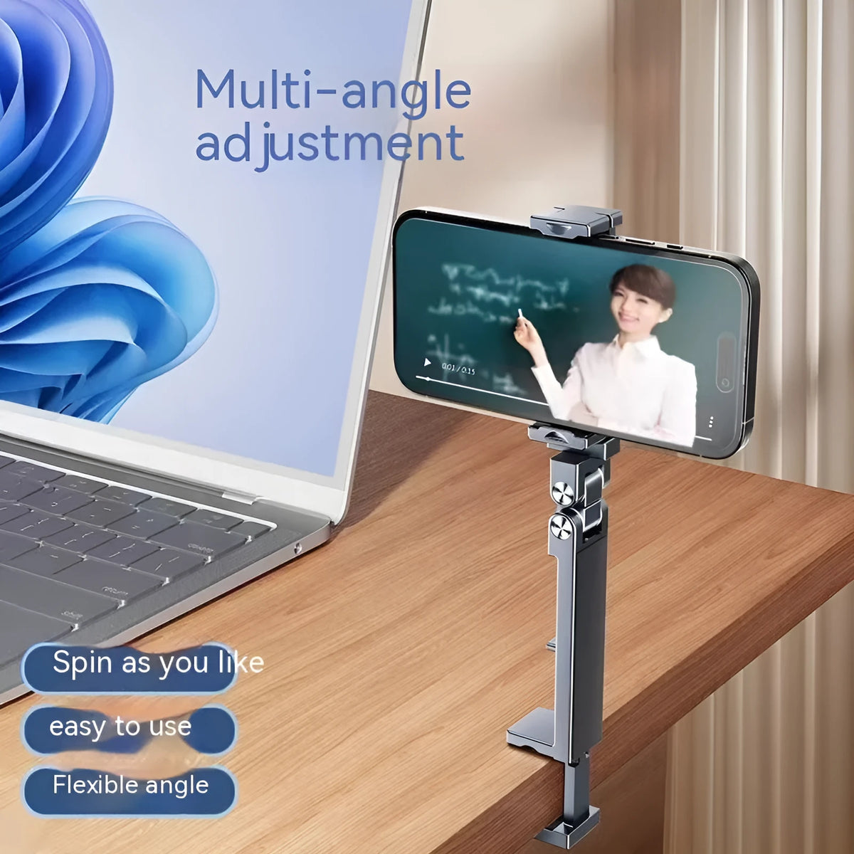 Aluminium alloy foldable clip phone holder in silver or grey, portable universal stand for hands-free viewing
