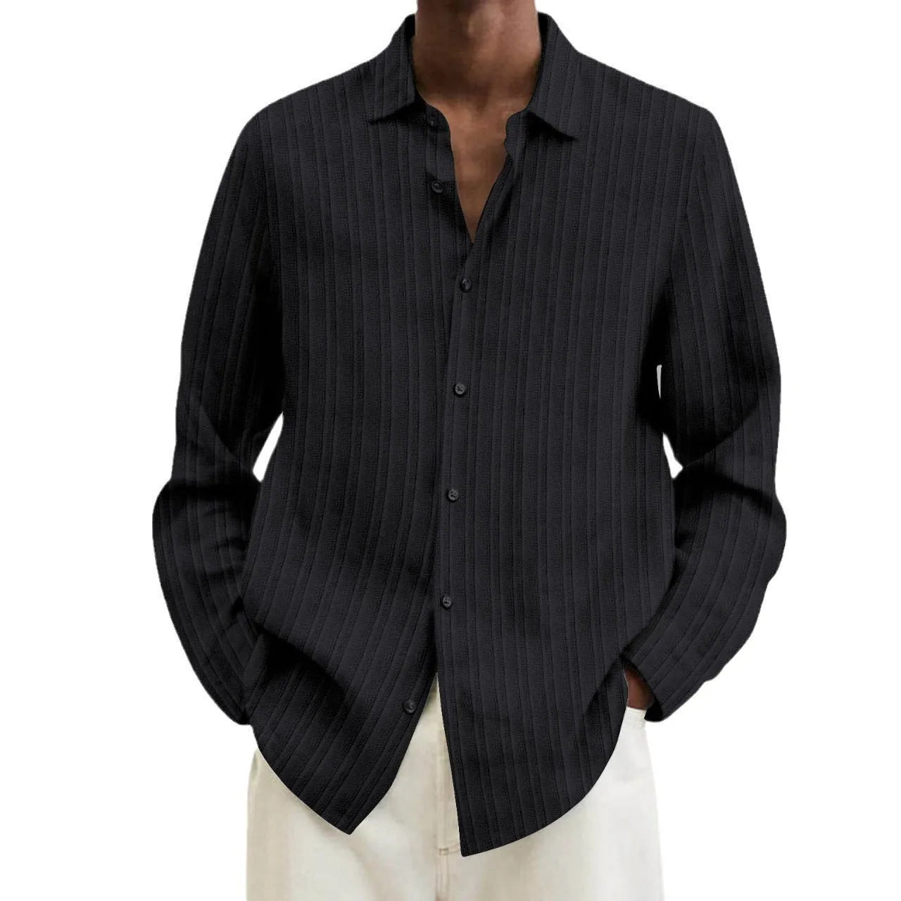 British style striped men's cardigan long sleeve shirt in flat mop cloth fabric