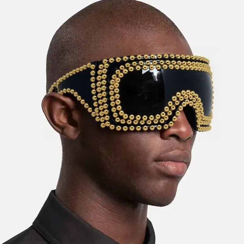 Men's square punk sunglasses with large 145mm frame and silver rivet details on a black background.