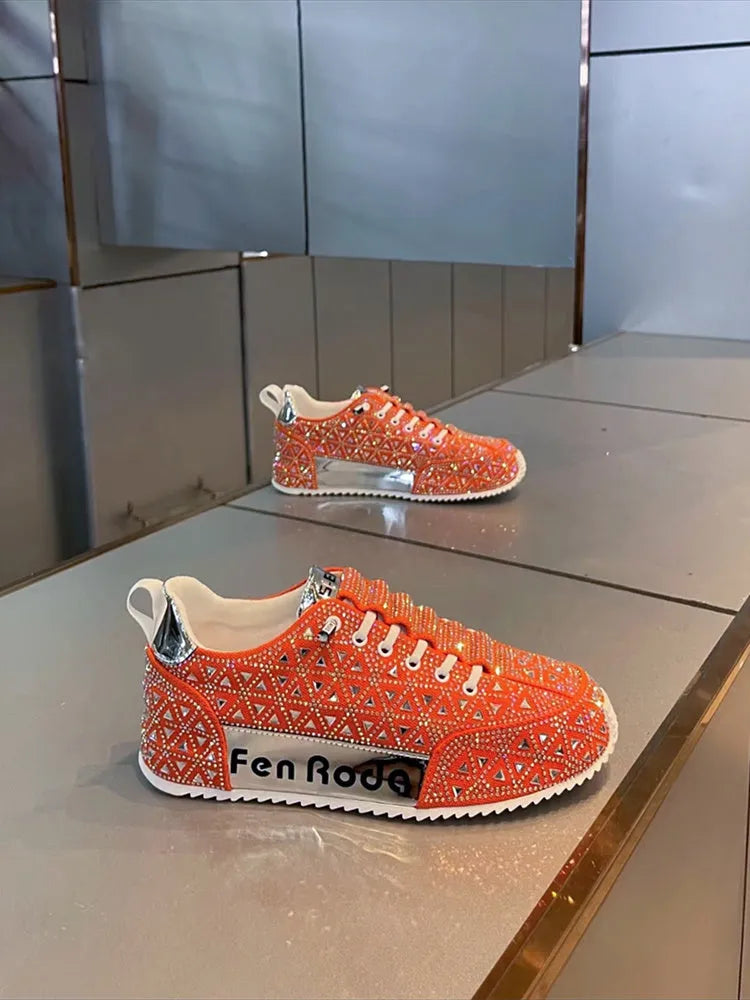 Men's slip-on breathable sneakers with hot drilling cloth surface, round toe, thick bottom rubber sole
