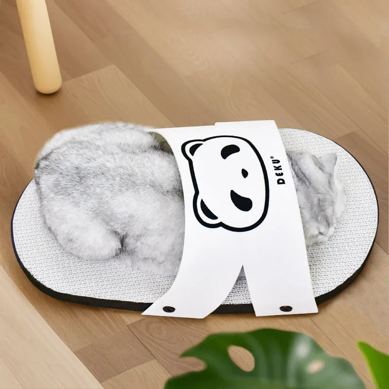 White slipper-shaped corrugated paper cat scratch board on a floor