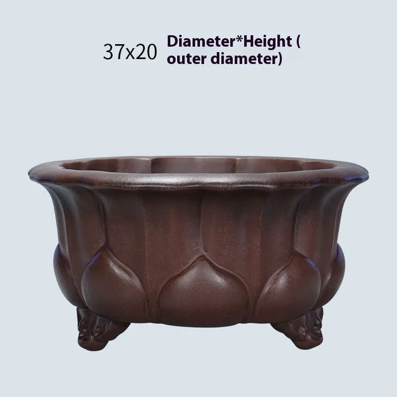 Square purple-red clay succulent pot measuring 37cm wide, showcasing classical Chinese style on a wooden surface.