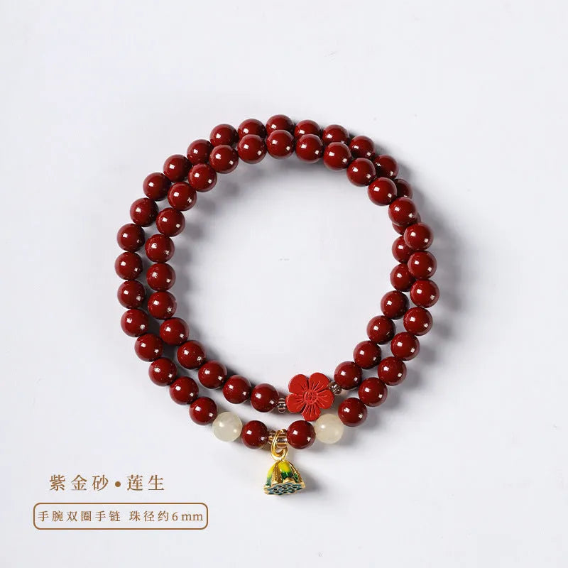 Purple gold sand double circle women's bracelet with 6mm hand-woven beads and lotus seedpod retro design