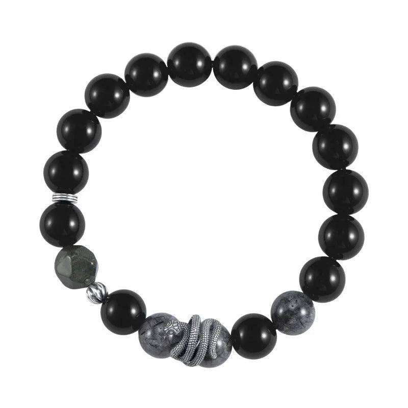 Men's S925 sterling silver snake bracelet with obsidian black hair crystal and retro zodiac design