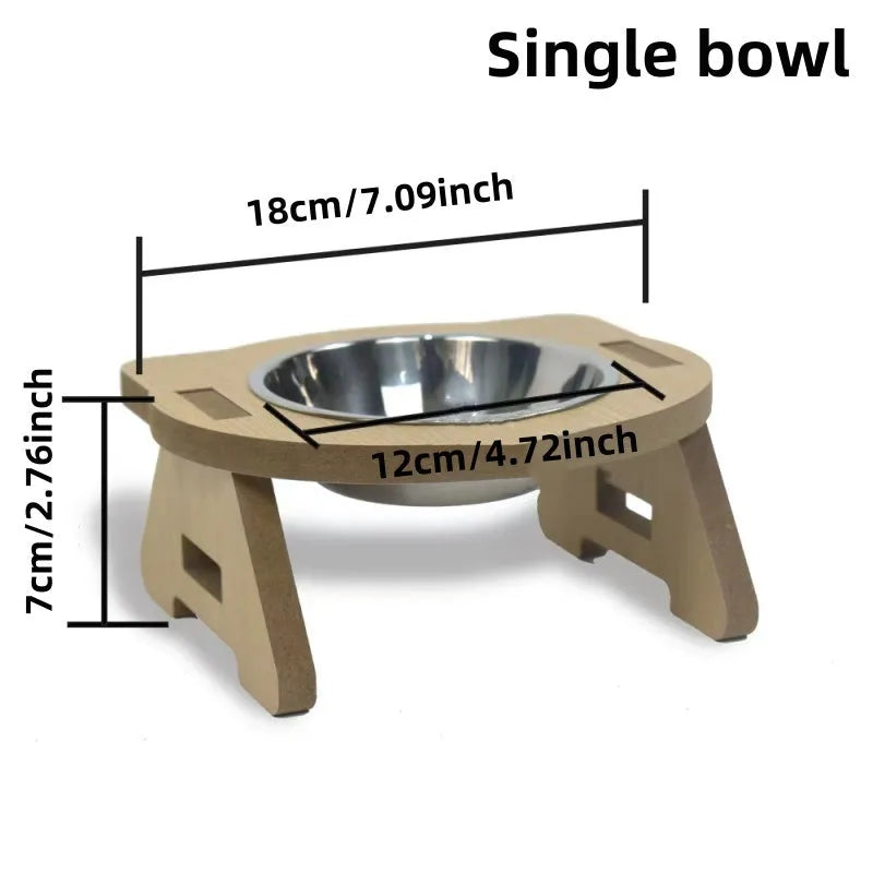 Wooden platform cat feeder holding a stainless steel food bowl and water bowl.