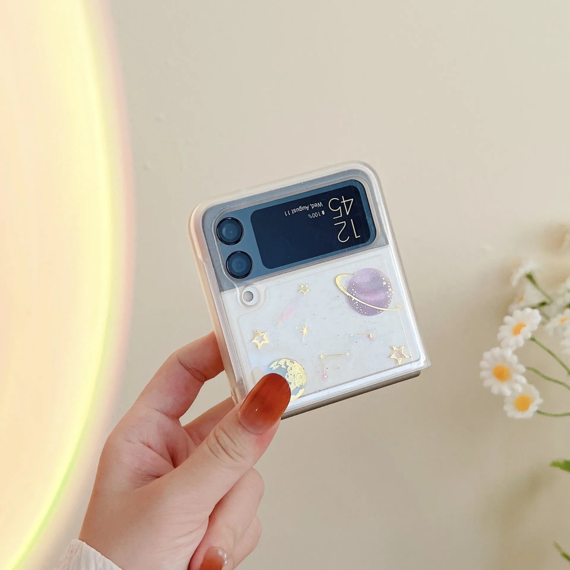 Samsung ZFlip3 ZFlip4 Phone Case Dropped Star Moon Design Folding Screen Protector Shockproof Anti-Drop Drip Glue Japanese Korean Trendy Style Rear Cover for Galaxy Z Flip 3 4 Drip Gum Bear