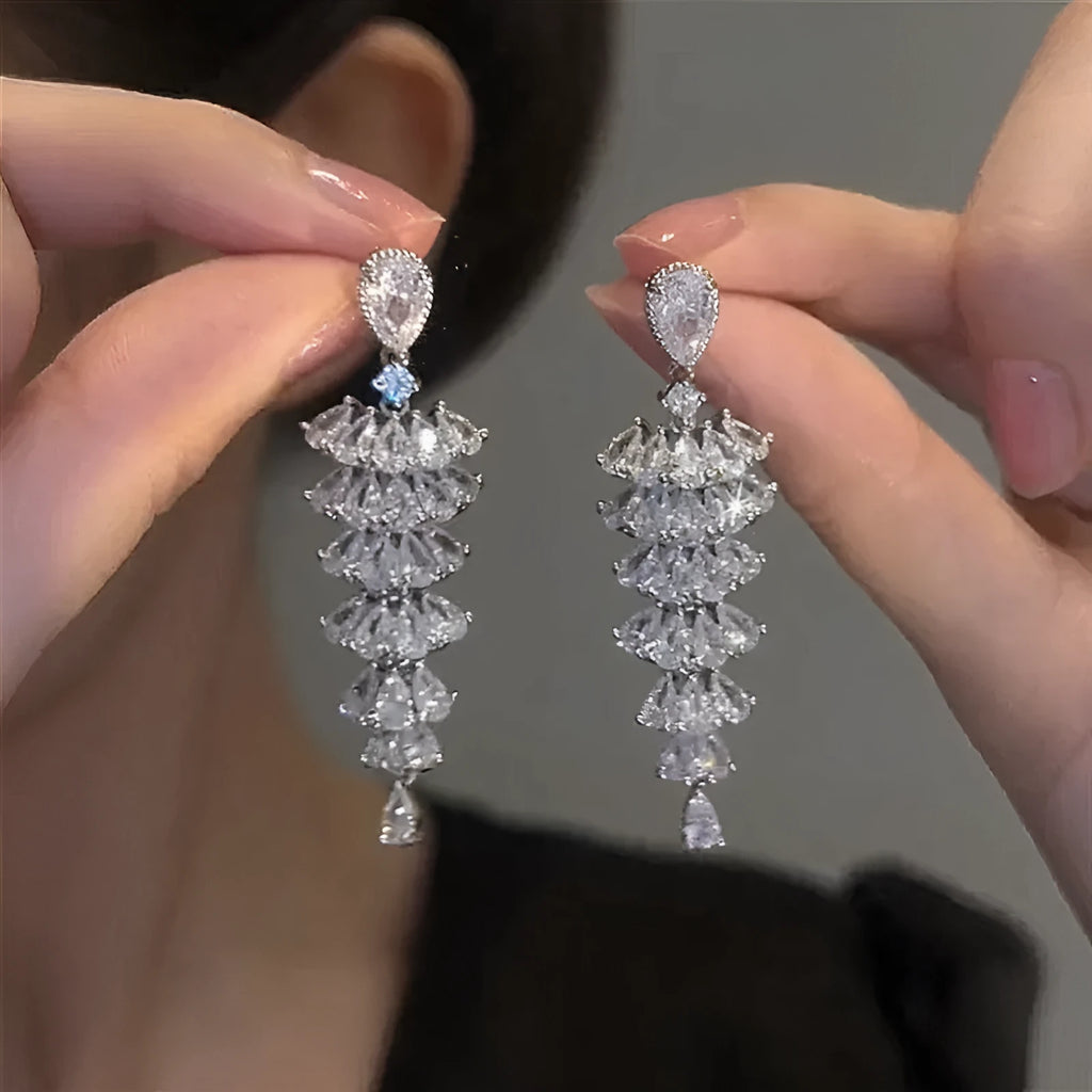 Christmas tree drop earrings with zircon stones in silver pagoda colour
