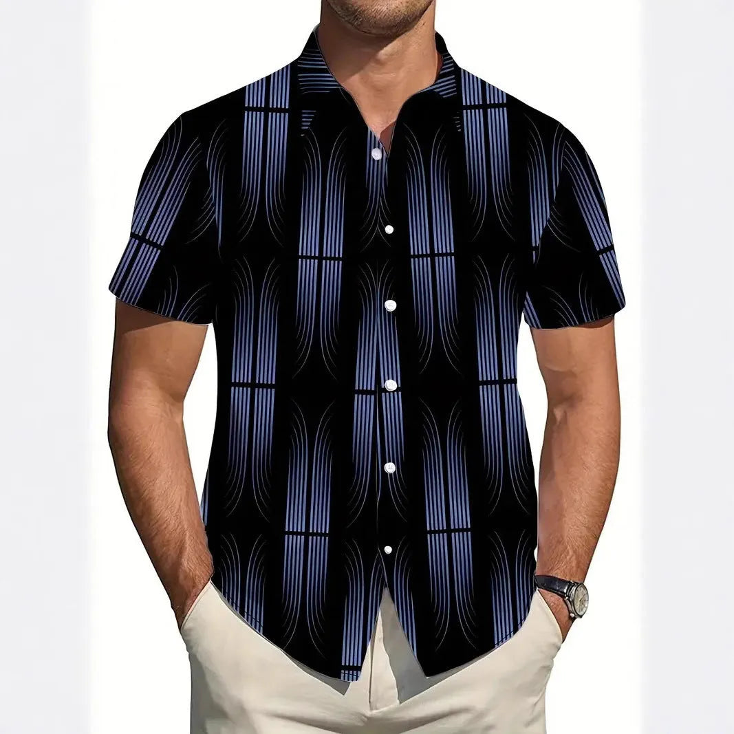 Men's slim fit short sleeve shirt with geometric line printing on the lapel, cardigan style, in a light colour.