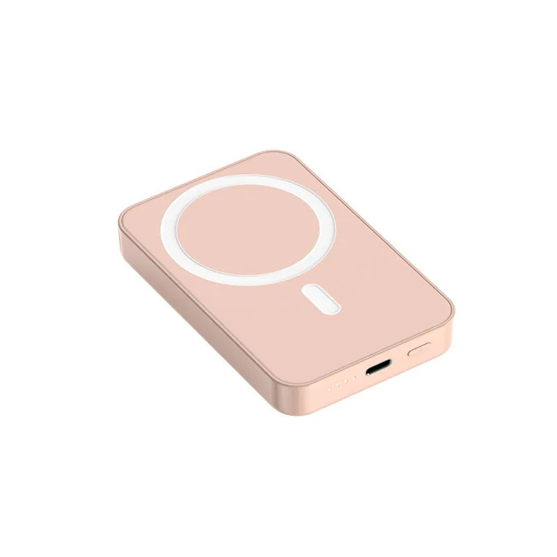 Pink magnetic wireless power bank showing 20000mAh capacity and 20W output specifications