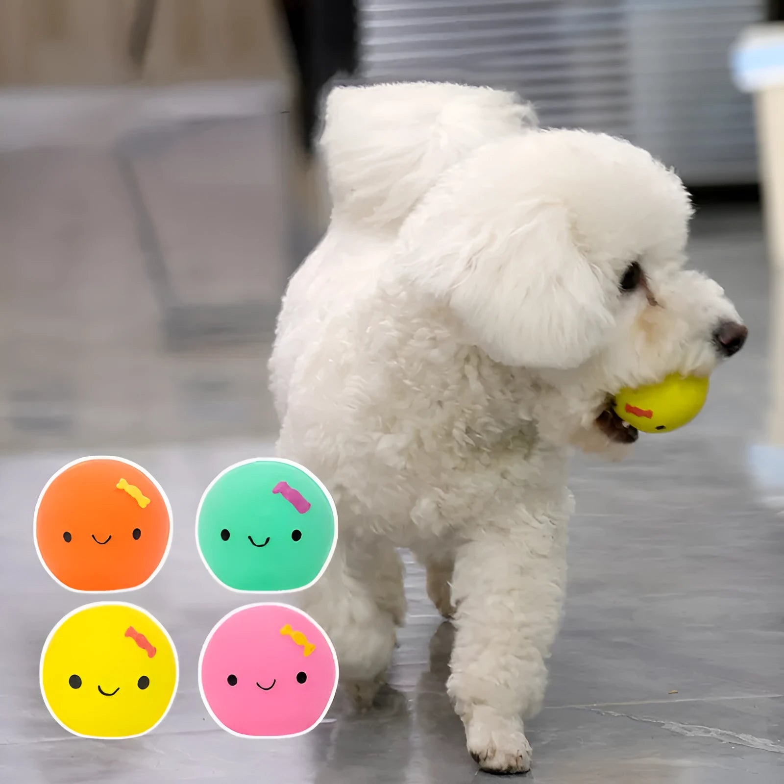 Cute four-colour egg-shaped latex dog toy with squeaker in green, orange, pink, yellow for small and medium dogs