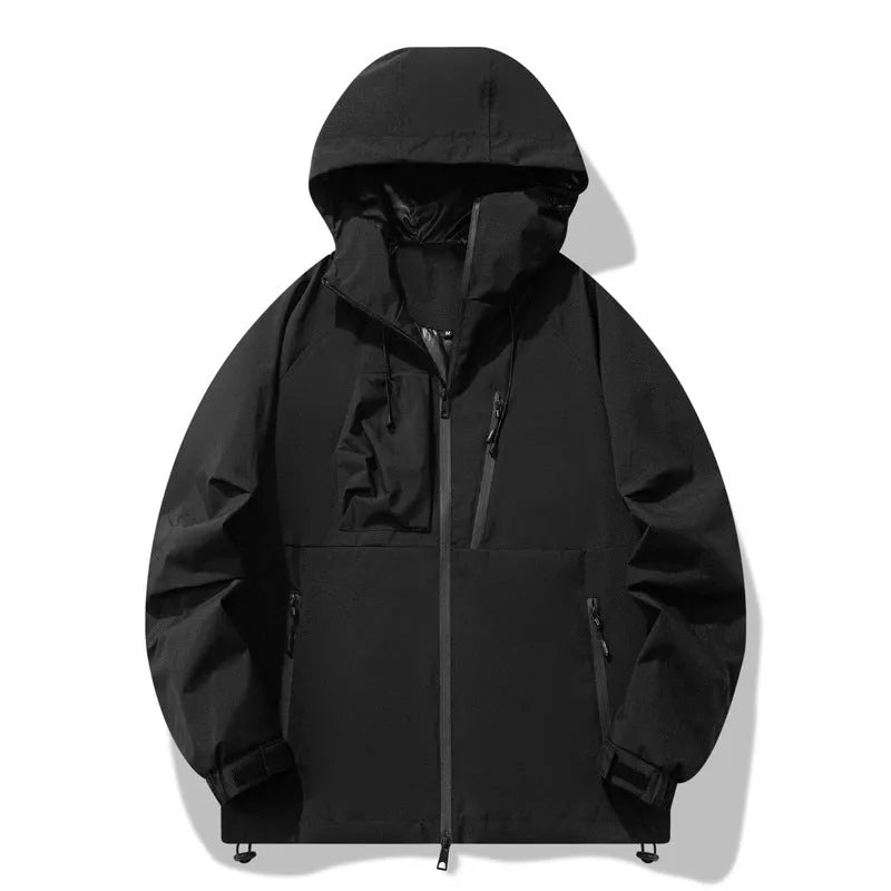 Men's black three-proof outdoor windproof waterproof jacket with zippered pockets, regular fit, polyester blend fabric