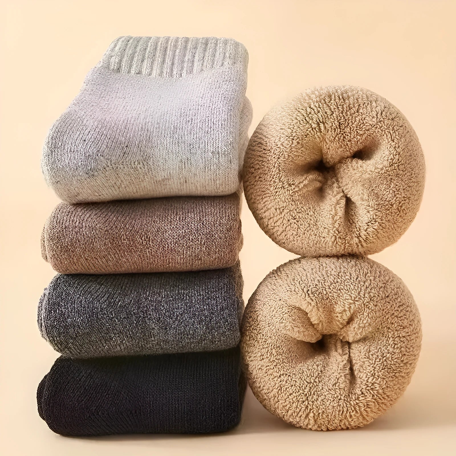 Pair of thick grey merino wool winter socks showing reinforced padded midsole and seamless toe.