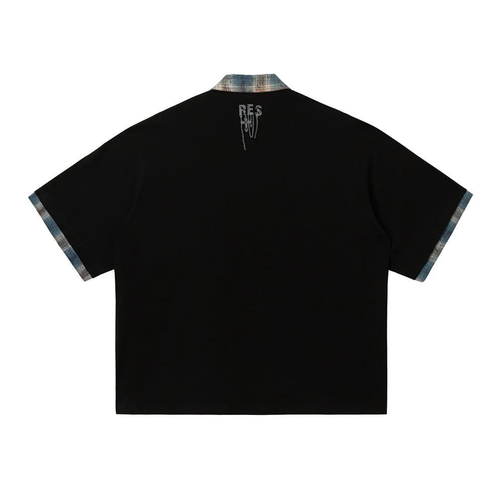 Men's loose blue cotton short-sleeved top with a graffiti print on the lapel.