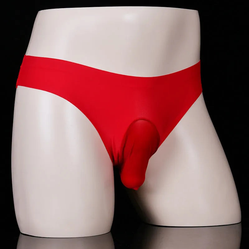 Men's ice silk underwear briefs in black, skin, white, purple, red, and pink colours showing T-back design