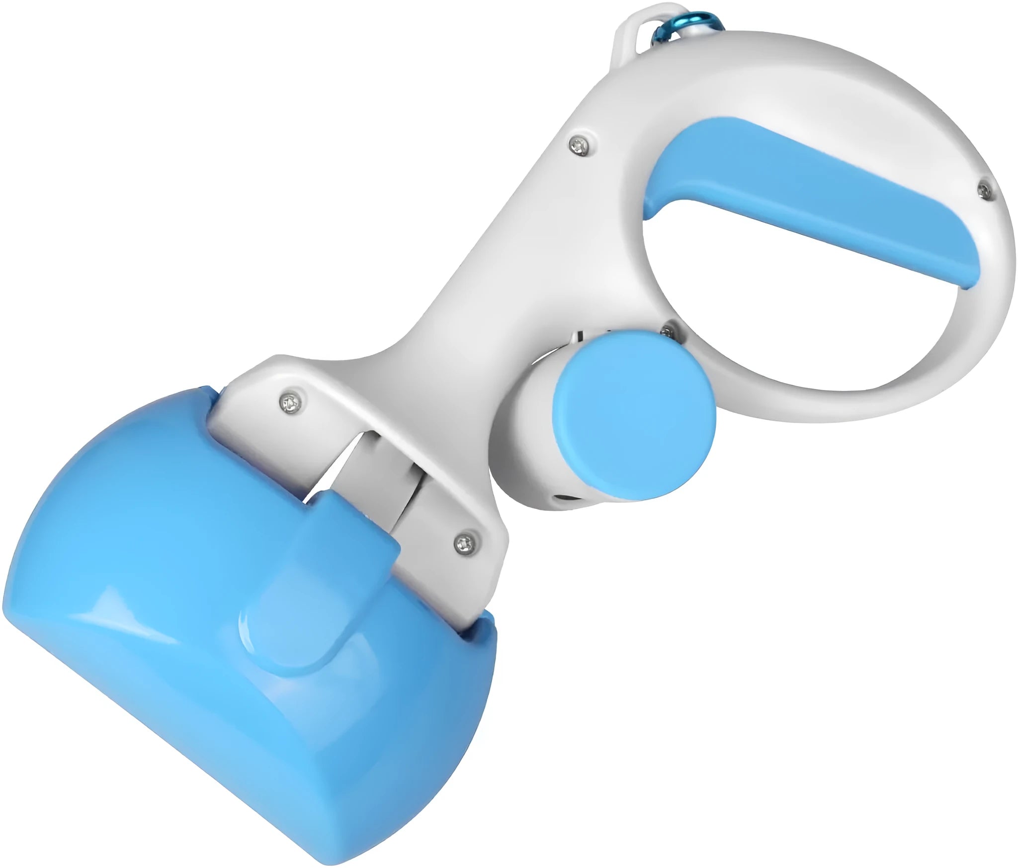 Black pet pooper scooper with built-in trash bag holder made of ABS plastic on a grass lawn.