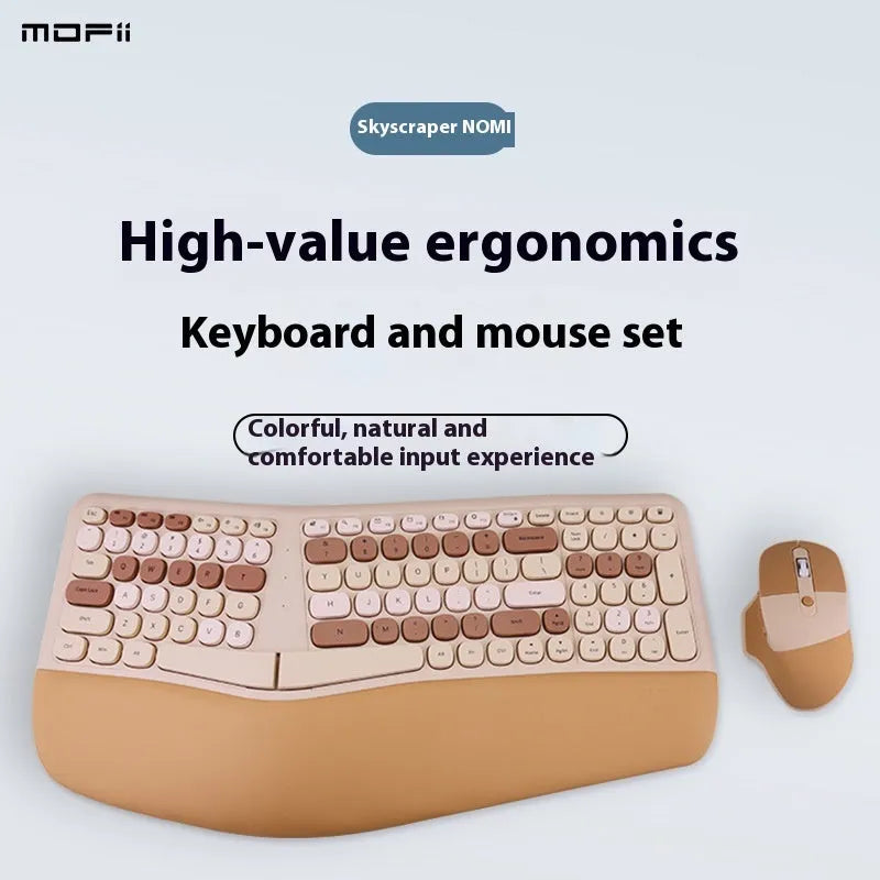 Ergonomic wireless keyboard and mouse set with wrist splint, waterproof veneer finish, shown in mixed colour options
