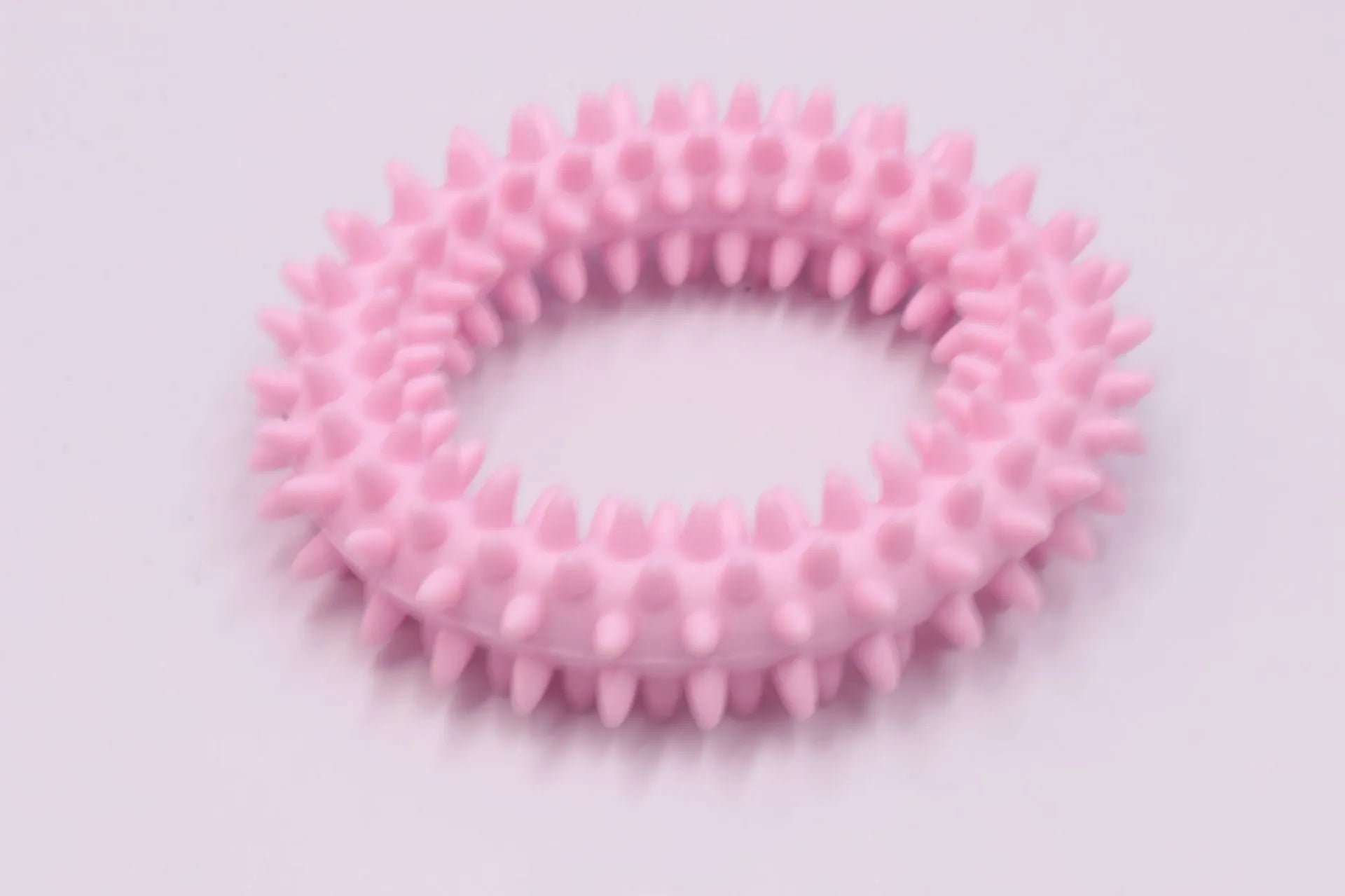 Blue TPR spiky circle ring dog chew toy for dental cleaning on a white background.