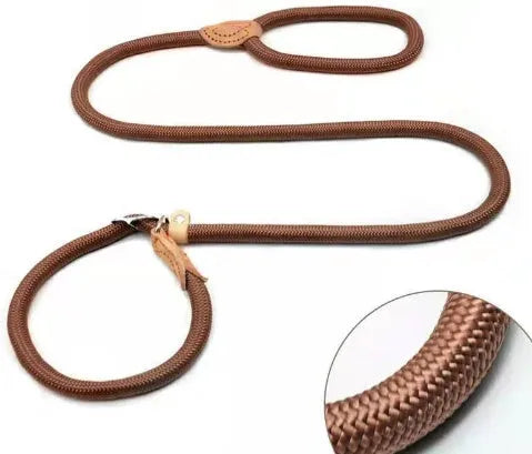 Brown nylon P chain dog leash with hand-holding rope, shown at full 2.1 metre length.