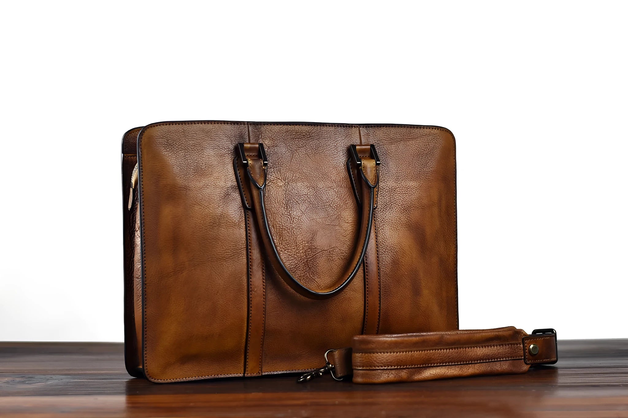 Men's 14-inch horizontal leather business handbag in khaki colour with zipper closure