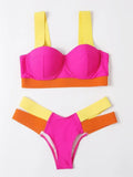 Women's contrast colour bikini swimsuit with steel bracket push-up board in nylon fabric