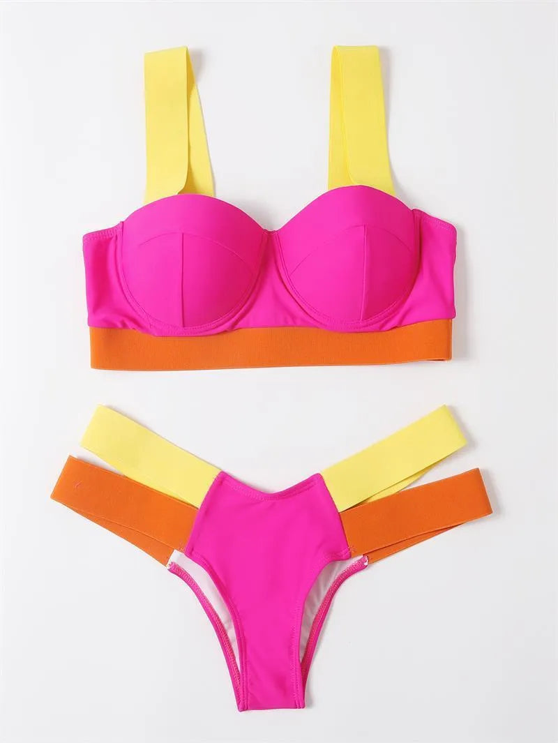 Women's contrast colour bikini swimsuit with steel bracket push-up board in nylon fabric