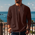 Solid colour cotton linen beach ruff pullover shirt shown in multiple colour options.