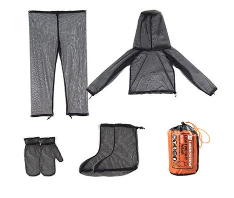 Solid colour mesh anti-mosquito suit set with hood, pants, and booties for outdoor wear