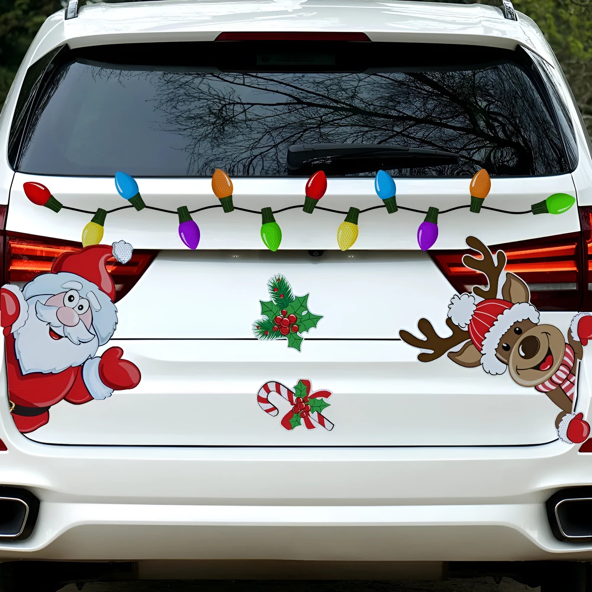 Medium-sized reflective cartoon Christmas elk sticker with magnetic backing.