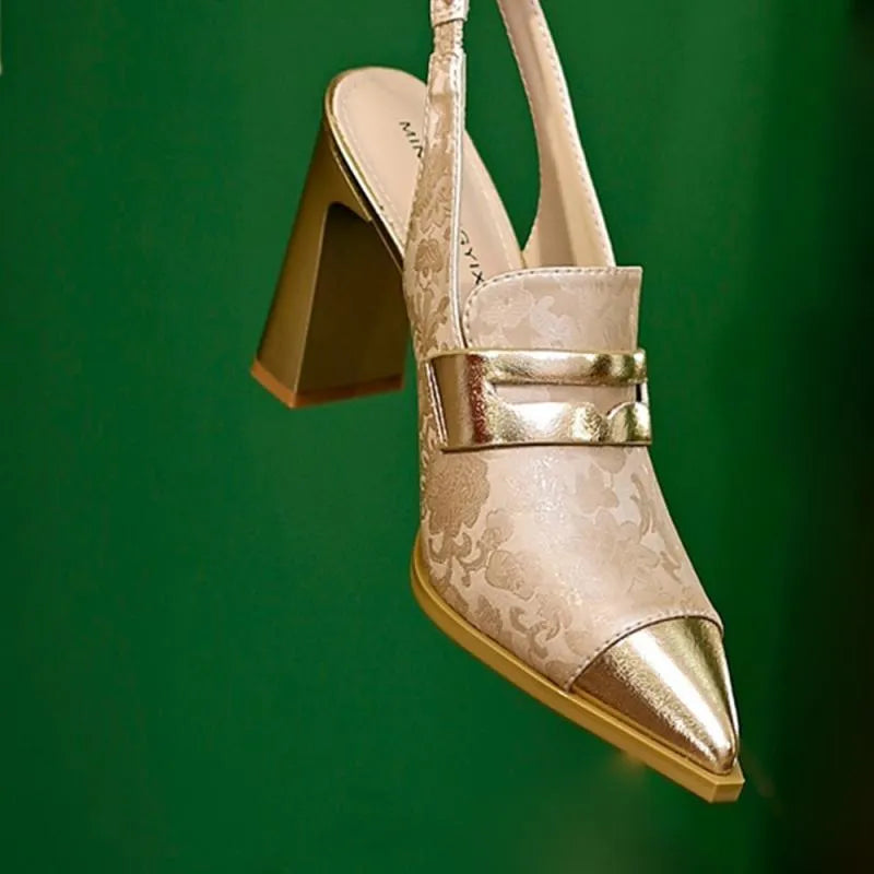 Women's black Korean-style strap sandals with a chunky heel, pointed toe, and elastic band.