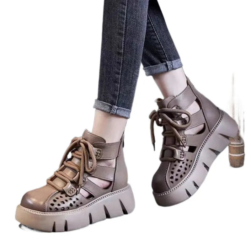 Women's black platform sandals with hollow hole design and fish mouth toe opening