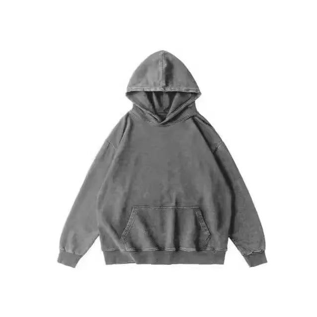 Men's loose-fitting collarless batik sweater in washed cotton, shown in a hooded colour with drop-shoulder sleeves.