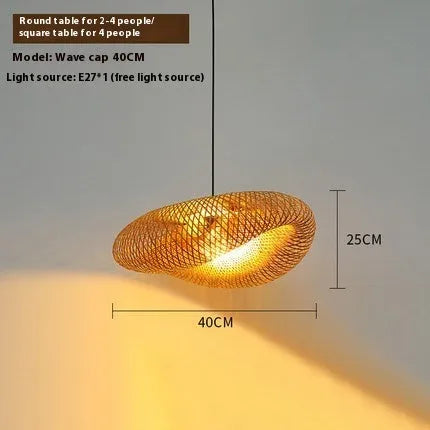 Woven bamboo straw hat-shaped hanging lamp chandelier in natural material showing textured ceiling pendant light fixture