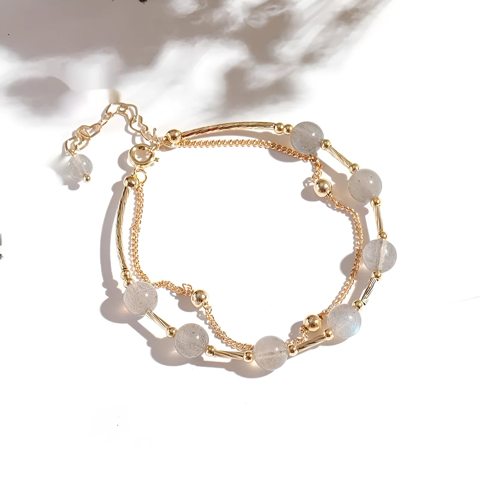 Korean-style women's crystal bracelet with double-layer moonstone design and copper tube framework