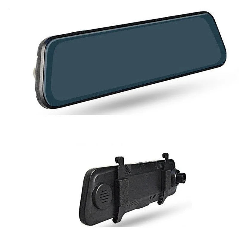 10-inch touch screen streaming dashcam rearview mirror with dual lens and blue anti-glare coating