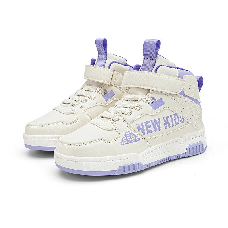Children's street sneakers in multiple colours with PU upper and rubber sole showing lace-up buckle fastening