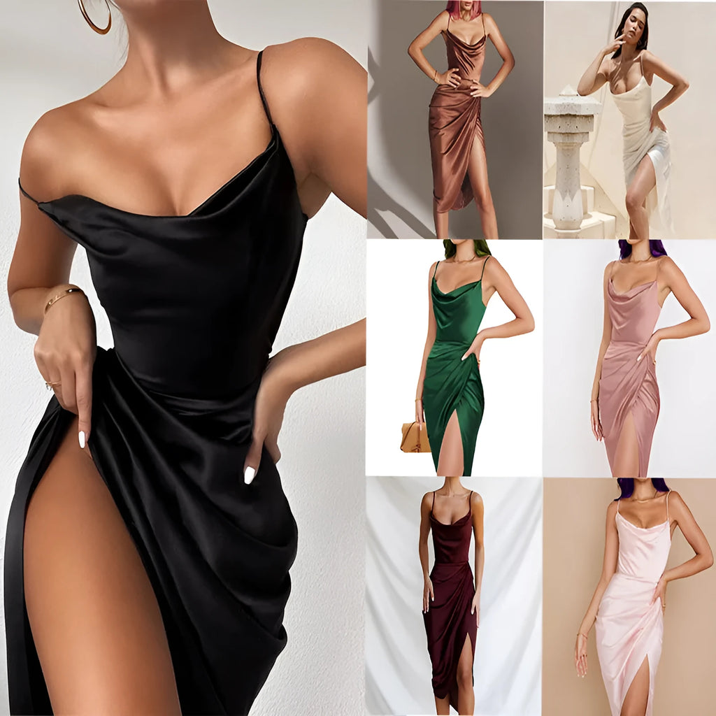 Women's black satin sleeveless skirt with high waist and front slit on a midi length