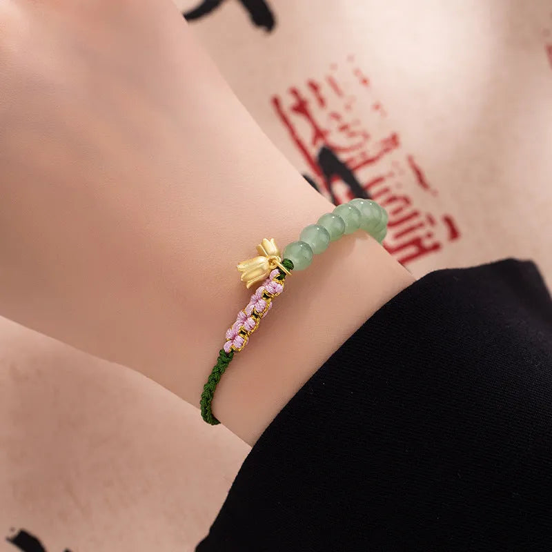 Lily hand woven red rope bracelet with floral national style for women