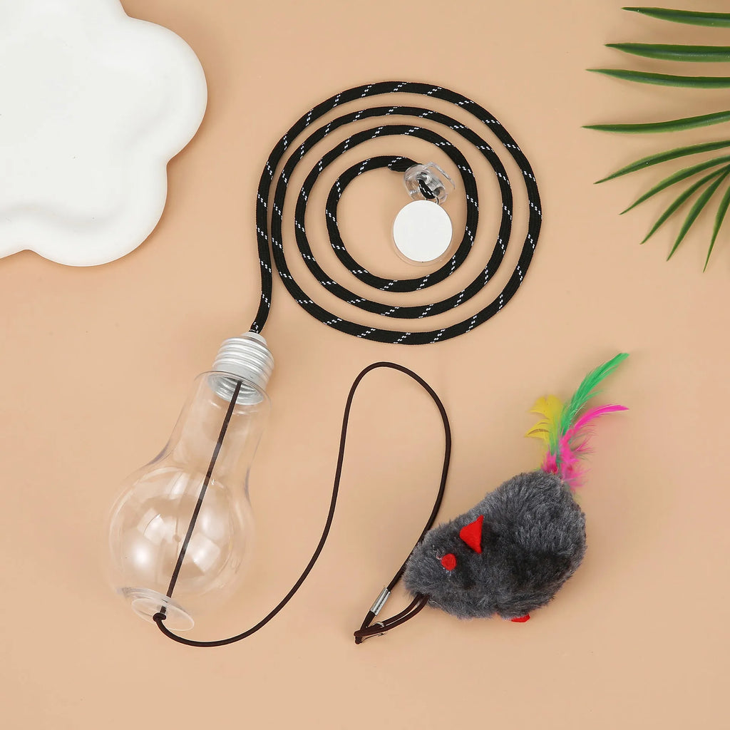 Interactive cat toy hanging from door frame with treat bulb and dangling mouse