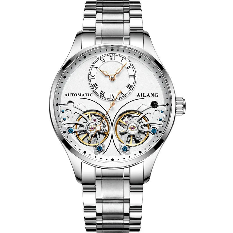 Men's automatic watch with tourbillon, moon phase, black steel case, and transparent back showing Seiko movement.