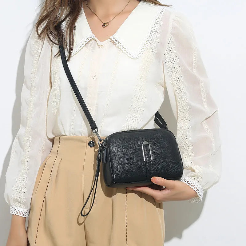 Women's genuine leather shoulder bag in horizontal square shape, shown in dark khaki colour