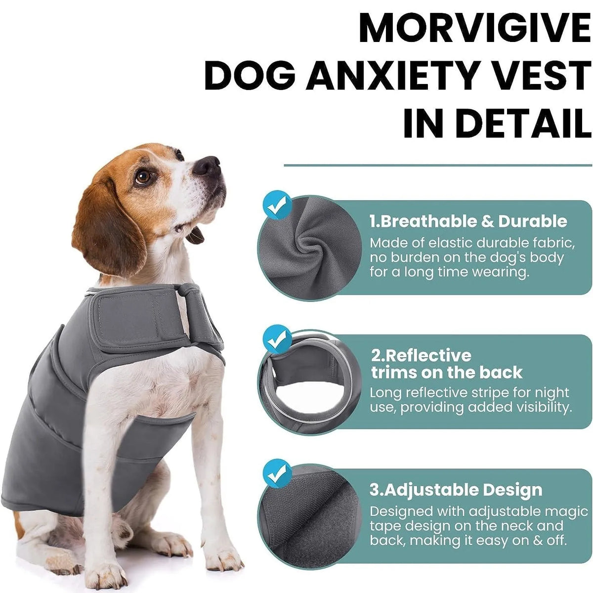 Dog anxiety relief vest with shock protection, sizes XS to XXXL, adjustable neck and bust