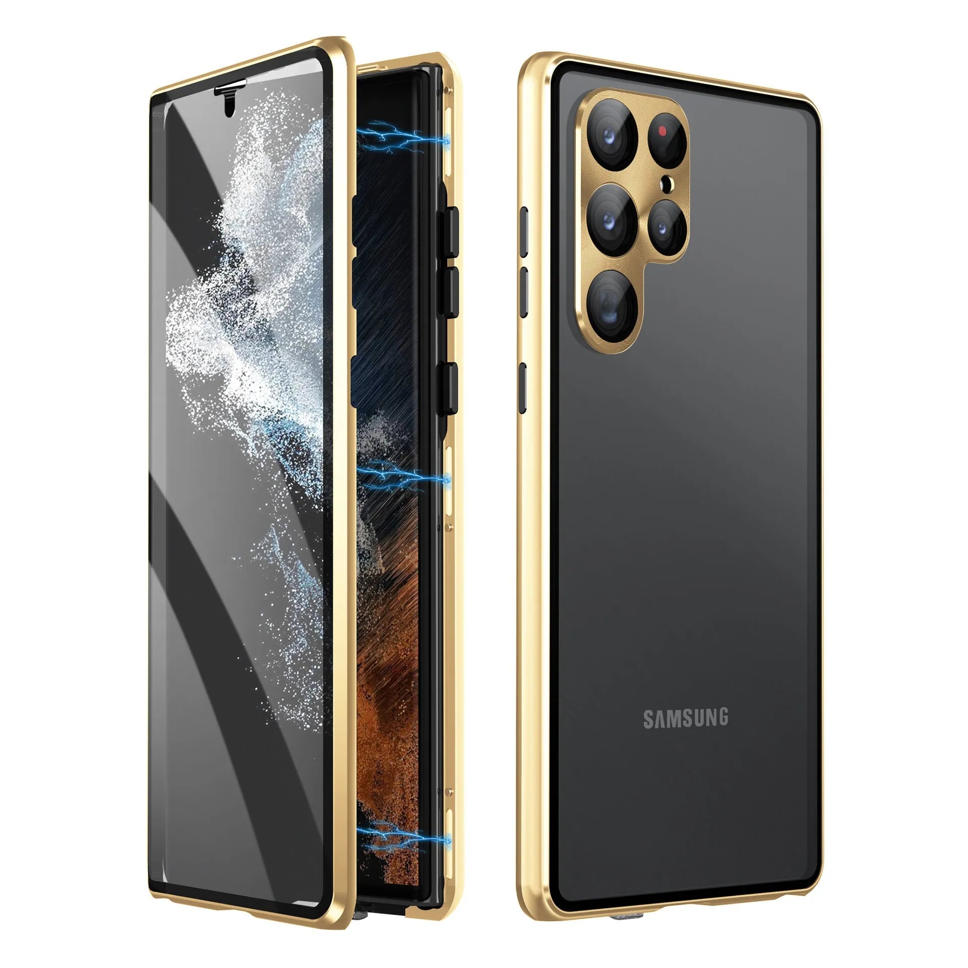 Metal magnetic phone case with a mirror for Samsung S24 Ultra in multiple colour options.