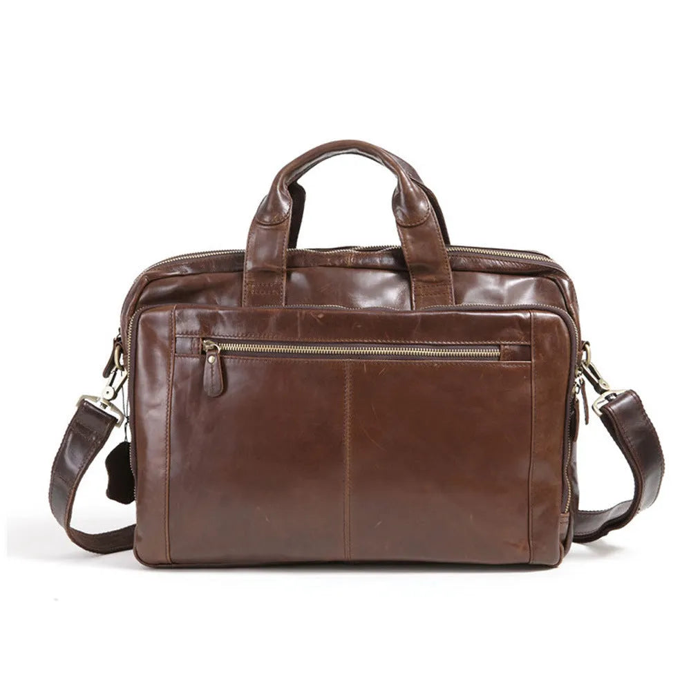 Brown first layer cowhide business briefcase with leather pattern and polyester cotton lining