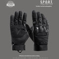 Men's black full finger tactical gloves with touch screen compatible fingertips on a hand.