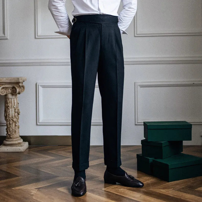 Men's high-waisted straight-leg casual trousers in polyester, shown in black, white, khaki, and coffee colours.