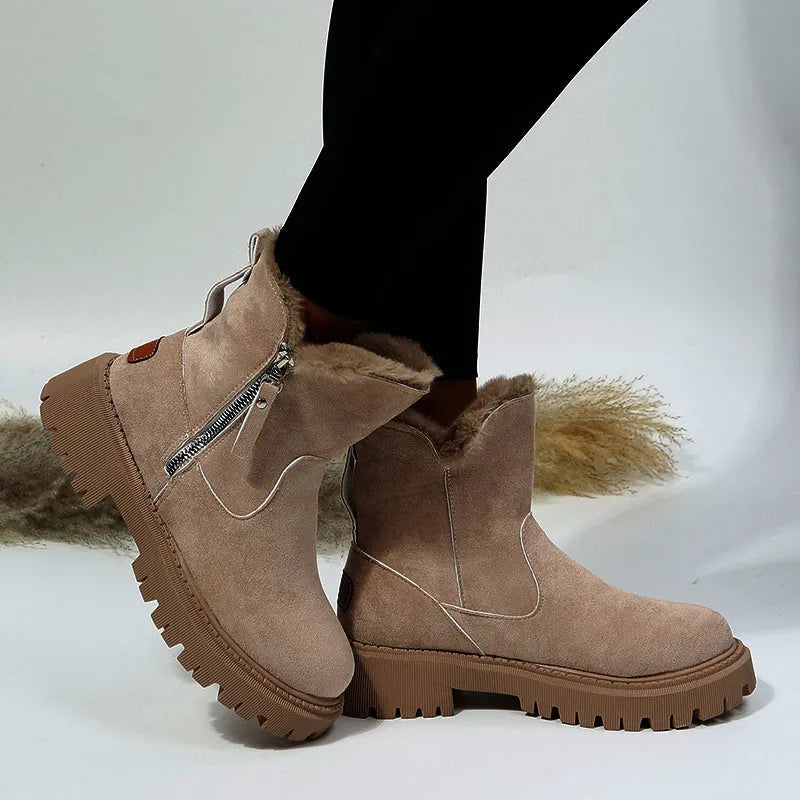 Women's black thick plush high-top snow boots with a side zipper and rubber sole