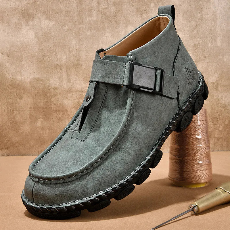 Handmade stitching casual flat bottom slip on shoes in black synthetic leather with literary retro style