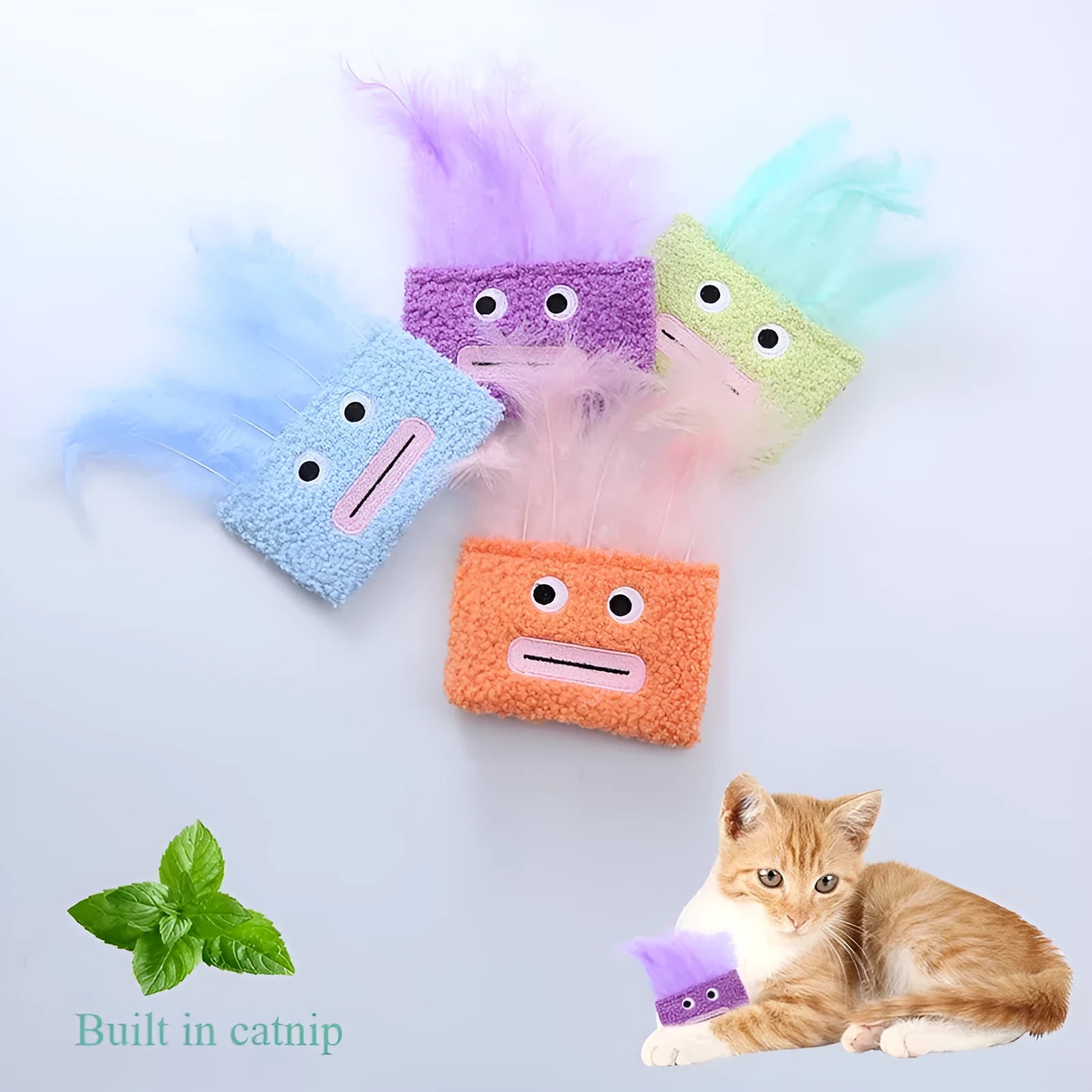 Catnip plush toy with big mouth explosion head shape in blue, green, orange, and purple colour options